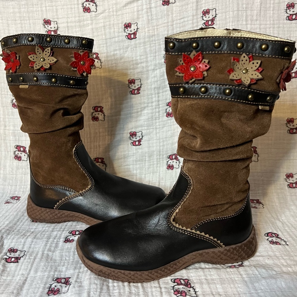 PRIMIGI LEATHER STUDDED LASER-CUT FLOWERS SUEDE KNEE BOOTS GIRL BOOTIES 30 / 12